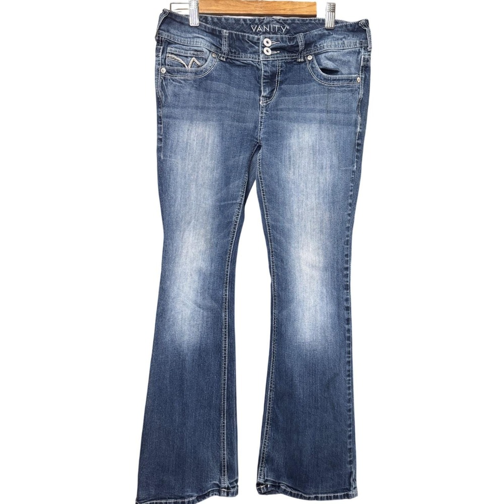 Vanity Womens Bootcut Jeans 29W 31L Medium Wash Embroidered Low Rise Stretch